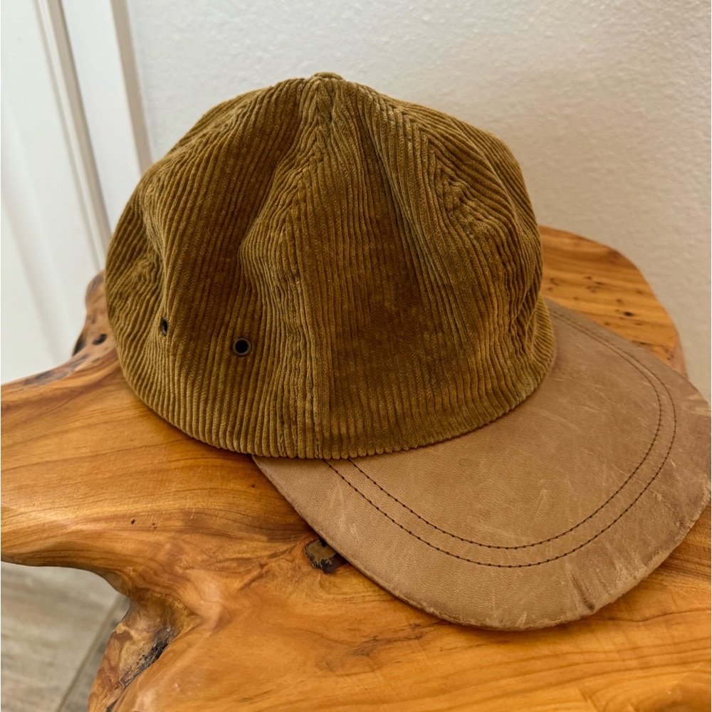Vintage Bass Corduroy Leather Strapback Hat Cap Tan Khaki Brown Made In USA